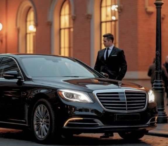 Chauffeur with luxury car at night